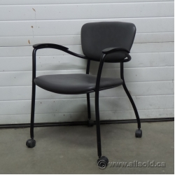 Grey Leather Executive Rolling Guest Side Chair w Arms